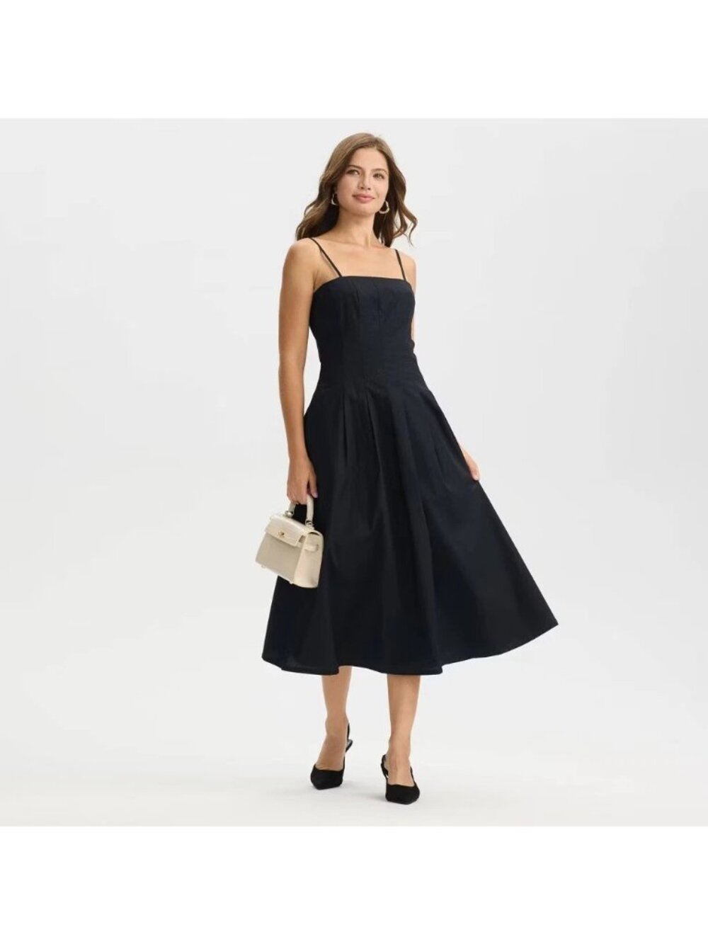 Sleeveless Paneled A-Line Midi Dress Women's Small Black 100% Cotton Fit & Flare - Picture 3 of 6